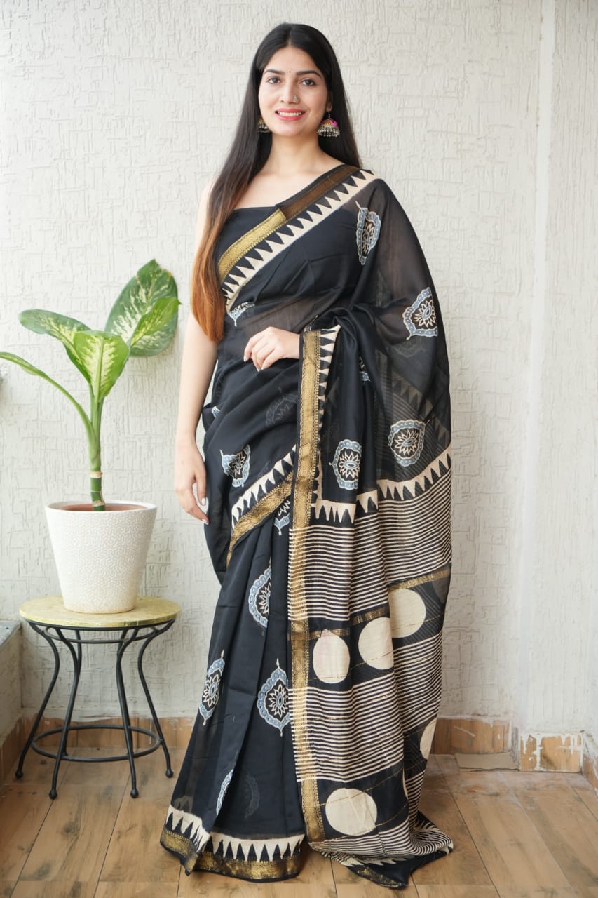 Jaipuri Hand Block Bagru Printed Maheshwari Silk Saree With Blouse (MSS120)