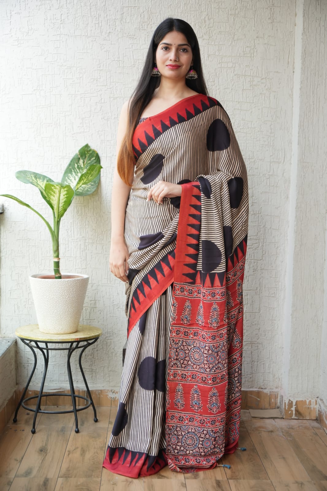 Ajrakh Hand Block Bagru Vanspati Printend Modal Silk Saree with Blouse (CID47)