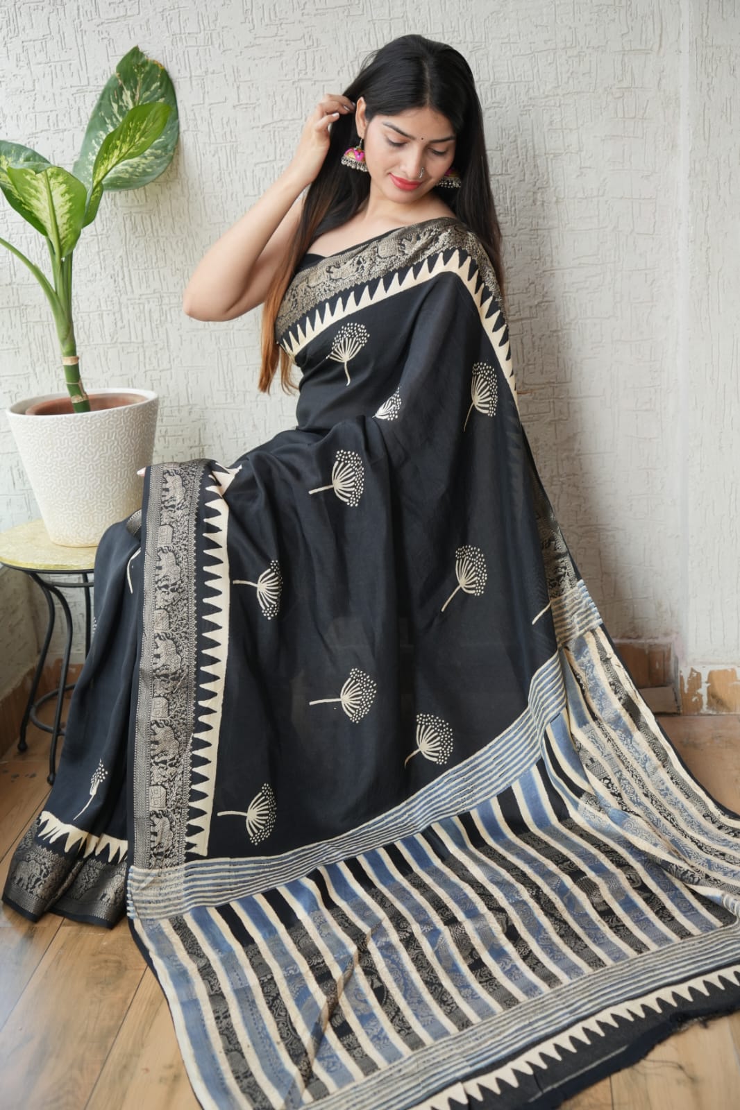 AJRAKH PRINTED PURE DOLA SILK SAREE WITH BLOUSE (MS27)
