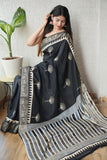 AJRAKH PRINTED PURE DOLA SILK SAREE WITH BLOUSE (MS27)