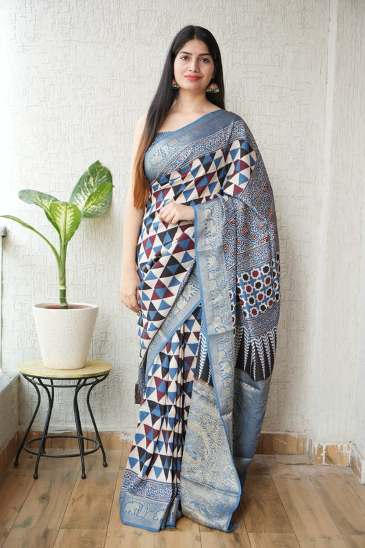 AJRAKH PRINTED PURE DOLA SILK SAREE WITH BLOUSE (MS17)