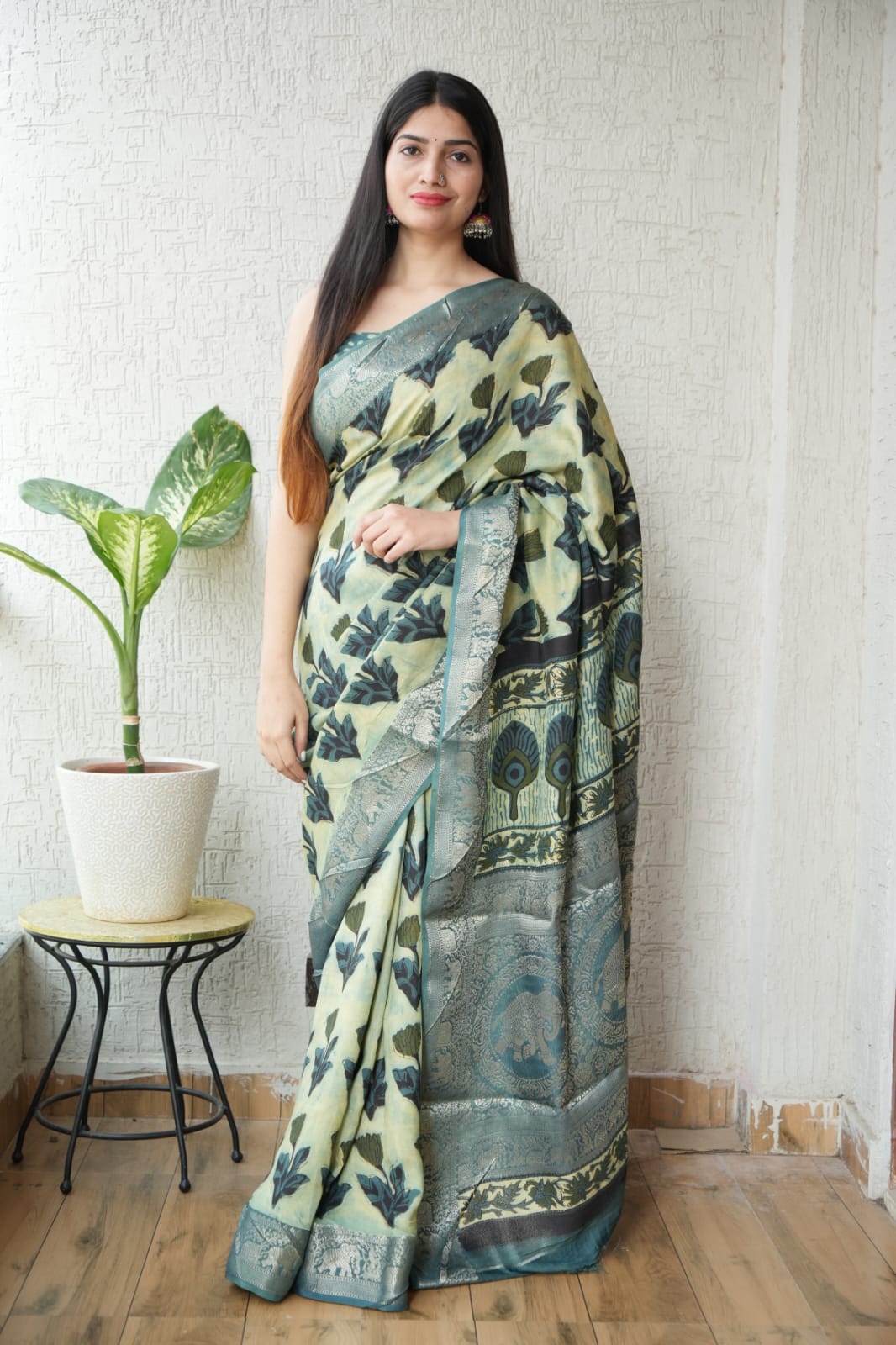 AJRAKH PRINTED PURE DOLA SILK SAREE WITH BLOUSE (MS1)