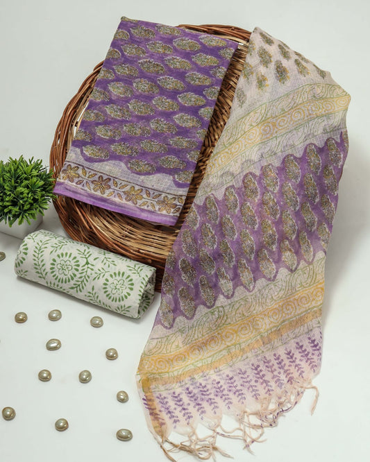 HAND BLOCK PRINTED KOTA DORIYA SUIT WITH KOTA DORIYA DUPPATA (FKS60)