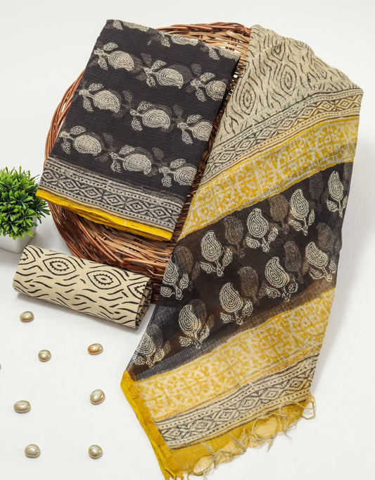 HAND BLOCK PRINTED KOTA DORIYA SUIT WITH KOTA DORIYA DUPPATA (FKS62)