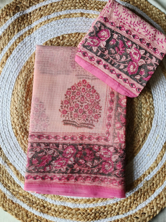 HAND BLOCK BAGRU PRINTED KOTA DORIYA SAREE WITH MULMUL BLOUSE (KDS64)