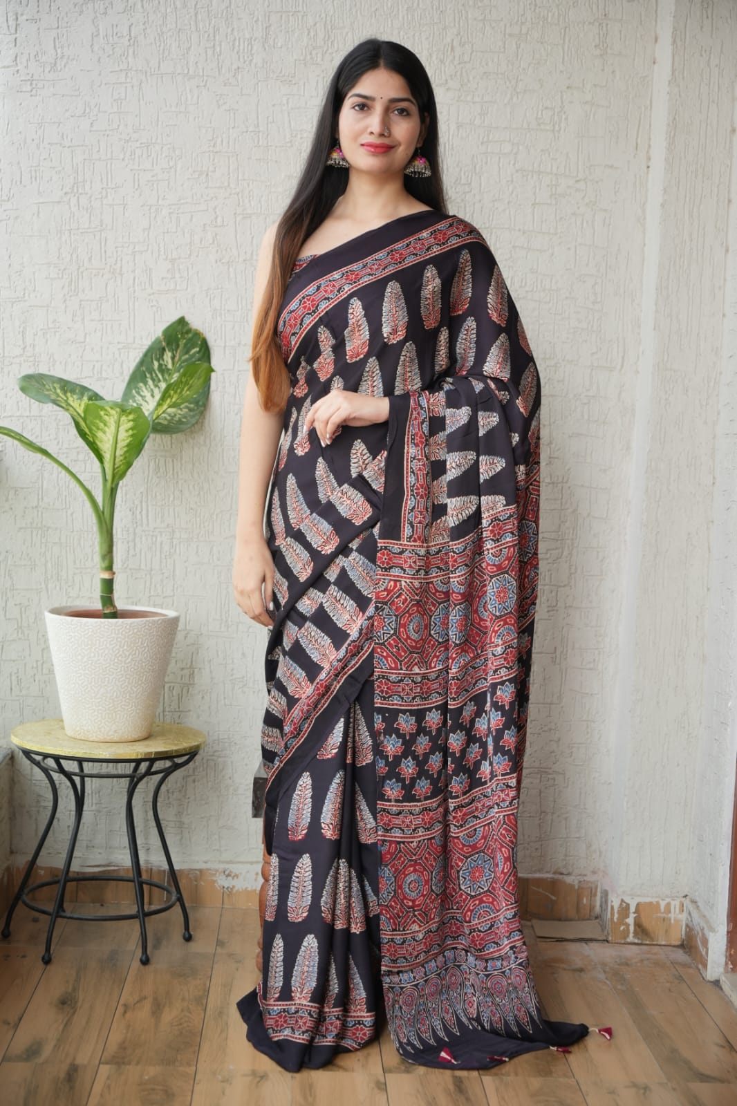 HAND BLOCK PRINTED AJARKH MODAL SILK SAREE (CIG21)