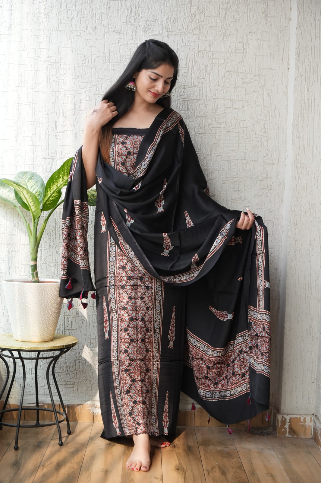 Vanaspati Ajrakh Hand Block Printed Suits Modal Silk Fabric (CIT35)