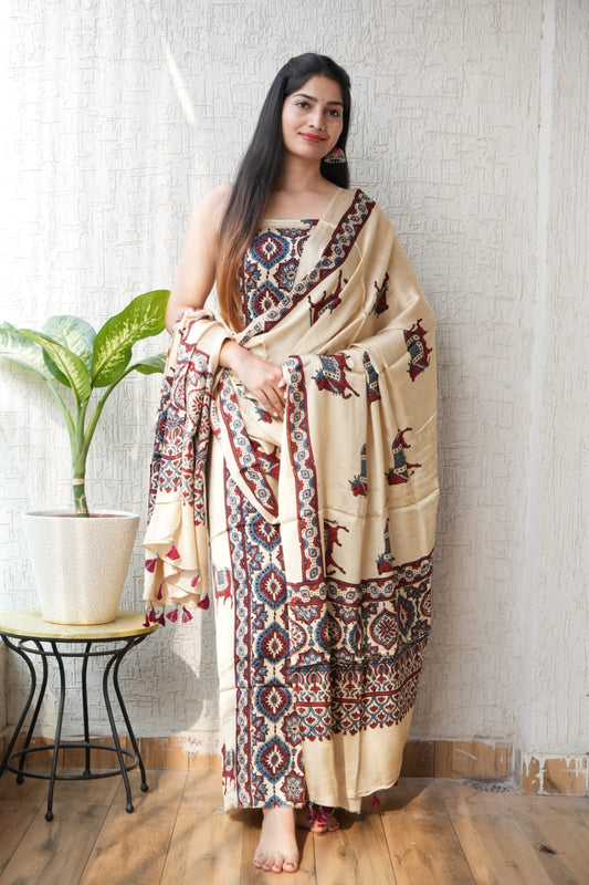 Vanaspati Ajrakh Hand Block Printed Suits Modal Silk Fabric (CIT34)