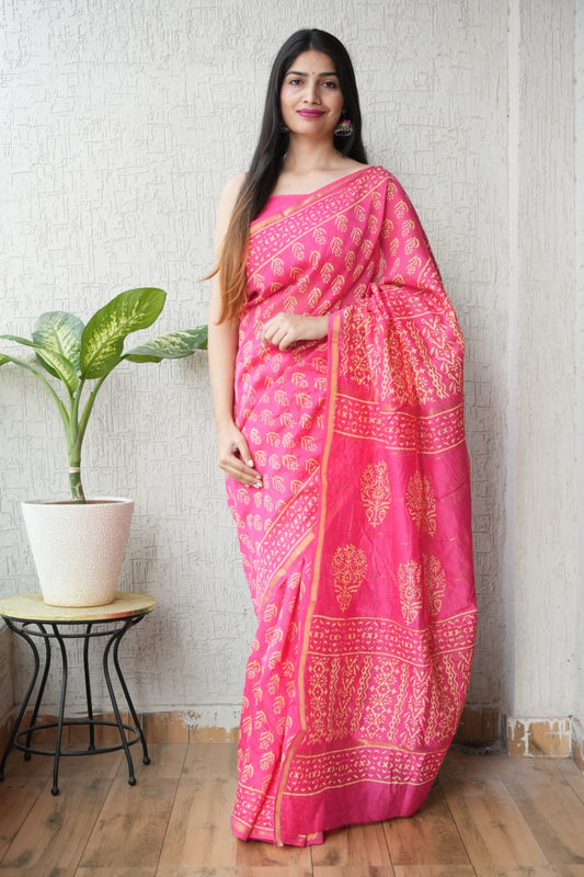 Bagru Hand Block Printed Chanderi Silk Saree with Blouse (CSS84)