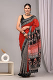 HAND BLOCK BLACK & WHITE PRINTED COTTON LINEN SAREE WITH BLOUSE  (LCS124)