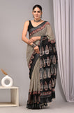 HAND BLOCK BLACK & WHITE PRINTED COTTON LINEN SAREE WITH BLOUSE  (LCS126)