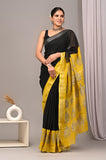 HAND BLOCK BLACK & WHITE PRINTED COTTON LINEN SAREE WITH BLOUSE  (LCS127)