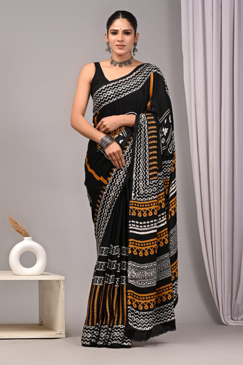 Ajrakh Hand Block Bagru Vanspati Printend Modal Silk Saree with Blouse (CID51)
