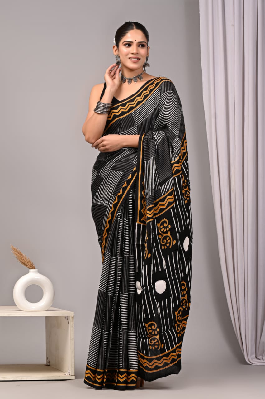 Ajrakh Hand Block Bagru Vanspati Printend Modal Silk Saree with Blouse (CID55)
