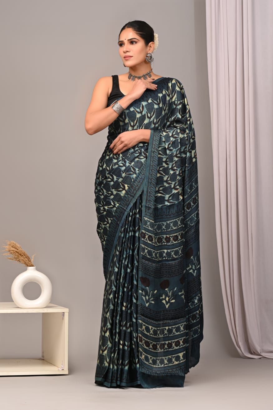 Ajrakh Hand Block Bagru Vanspati Printend Modal Silk Saree with Blouse (CID53)