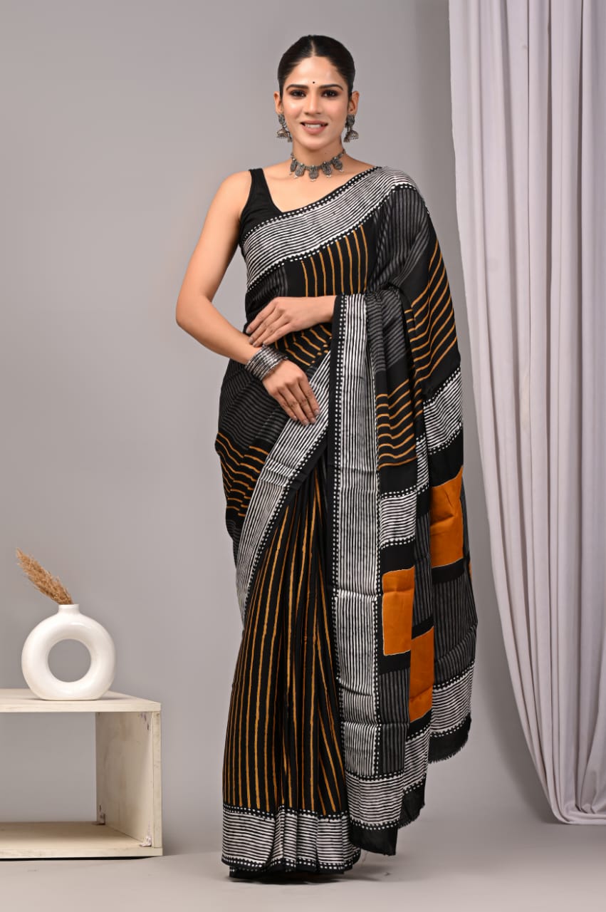 Ajrakh Hand Block Bagru Vanspati Printend Modal Silk Saree with Blouse (CID54)