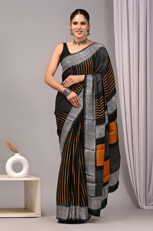 Ajrakh Hand Block Bagru Vanspati Printend Modal Silk Saree with Blouse (CID54)