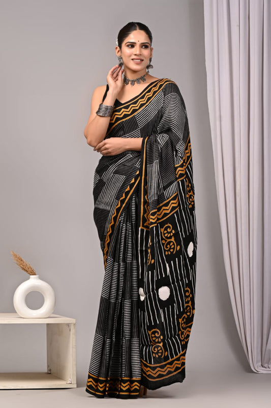 Ajrakh Hand Block Bagru Vanspati Printend Modal Silk Saree with Blouse (CID55)