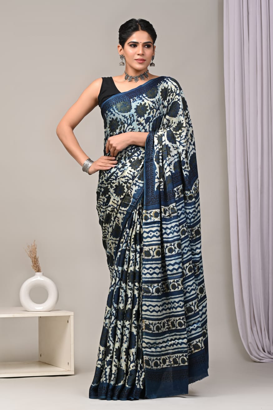 Ajrakh Hand Block Bagru Vanspati Printend Modal Silk Saree with Blouse (CID59)