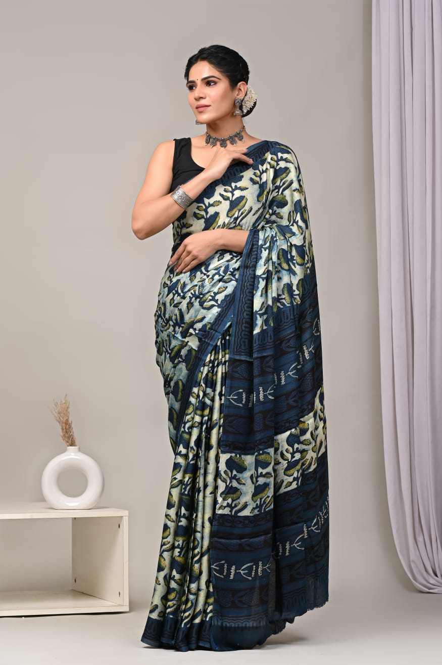 Ajrakh Hand Block Bagru Vanspati Printend Modal Silk Saree with Blouse (CID57)