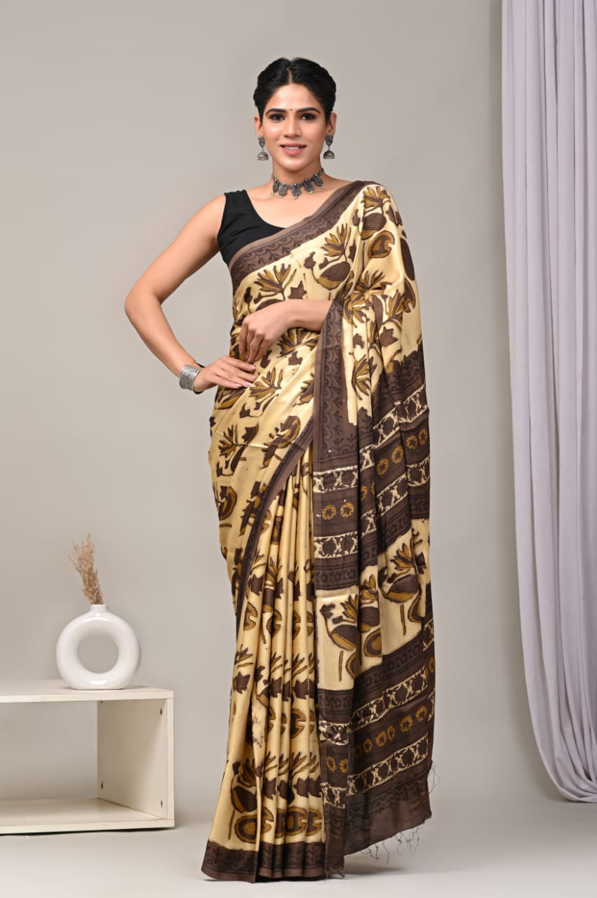 Ajrakh Hand Block Bagru Vanspati Printend Modal Silk Saree with Blouse (CID56)