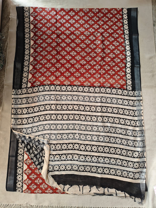 HAND BLOCK BLACK & WHITE PRINTED COTTON LINEN SAREE WITH BLOUSE  (LCS118)