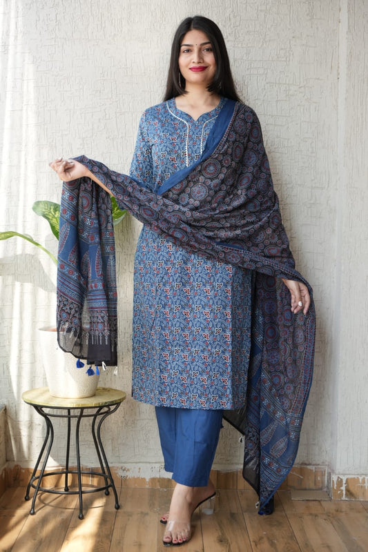 Ajrakh Printed "Stitched" Cotton Suits With Cotton Ajrakh Mulmul Dupatta (ASS2)