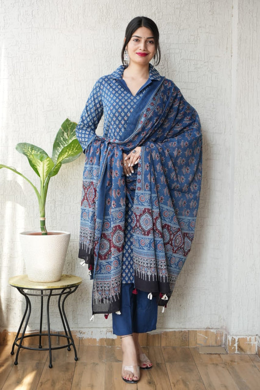 Ajrakh Printed "Stitched" Cotton Suits With Cotton Ajrakh Mulmul Dupatta (ASS3)