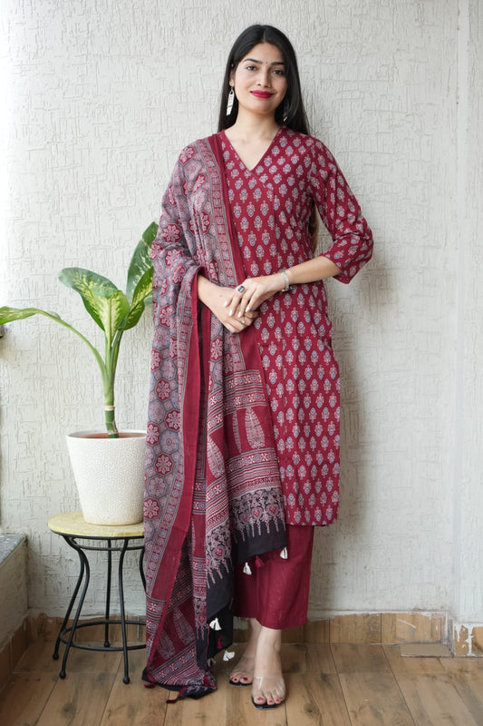 Ajrakh Printed "Stitched" Cotton Suits With Cotton Ajrakh Mulmul Dupatta (ASS5)