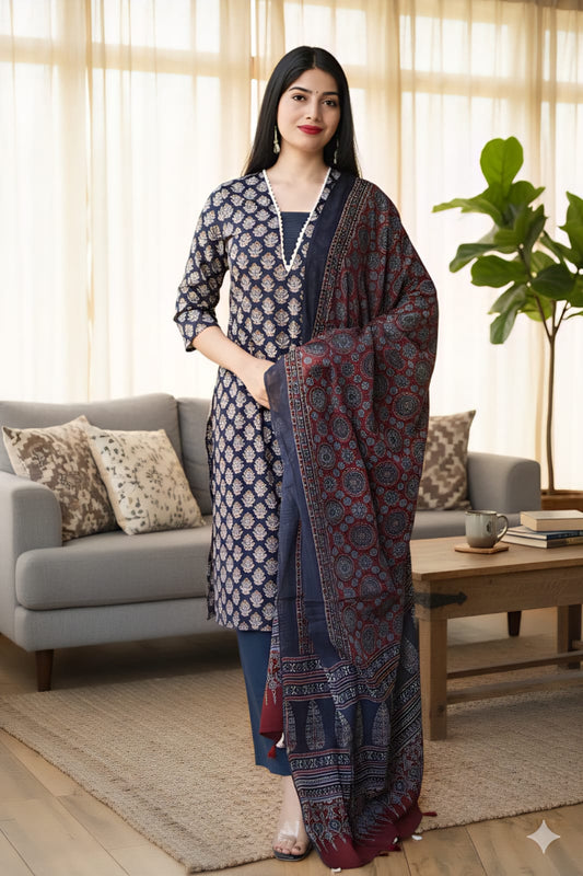 Ajrakh Printed "Stitched" Cotton Suits With Cotton Ajrakh Mulmul Dupatta (ASS6)