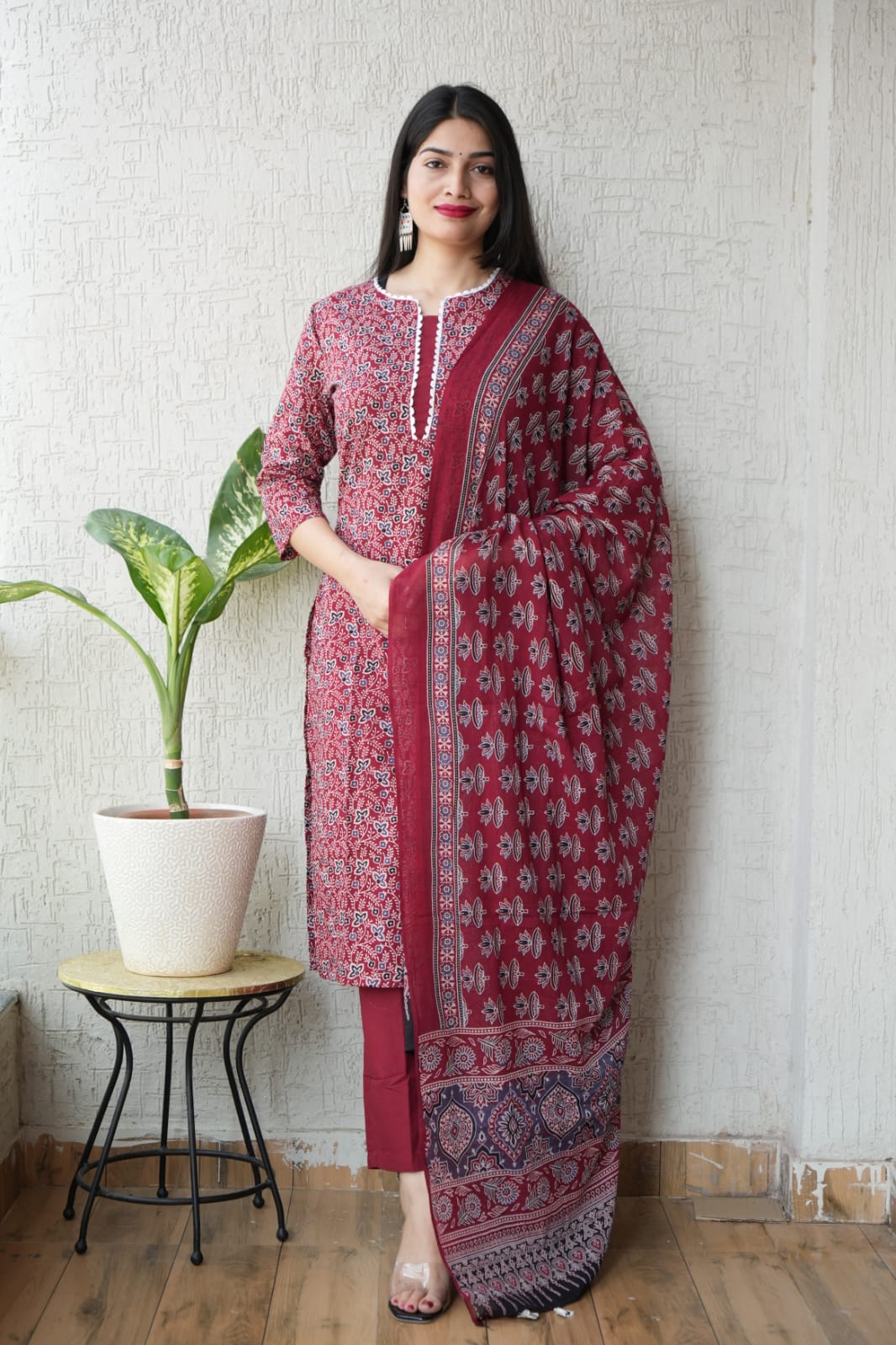Ajrakh Printed "Stitched" Cotton Suits With Cotton Ajrakh Mulmul Dupatta (ASS11)