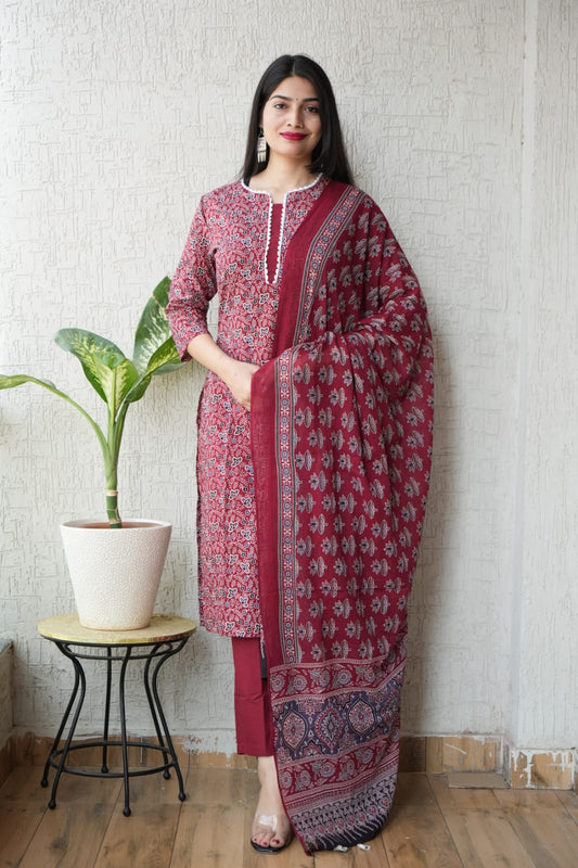 Ajrakh Printed "Stitched" Cotton Suits With Cotton Ajrakh Mulmul Dupatta (ASS11)