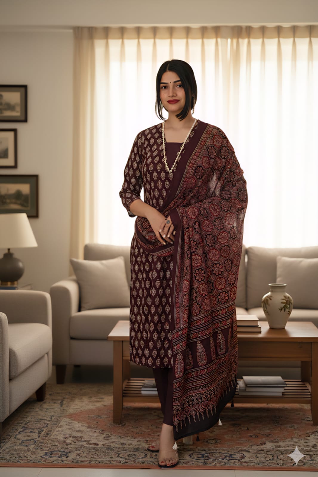 Ajrakh Printed "Stitched" Cotton Suits With Cotton Ajrakh Mulmul Dupatta (ASS8)