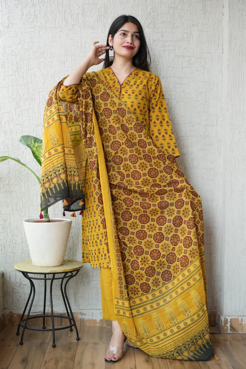 Ajrakh Printed "Stitched" Cotton Suits With Cotton Ajrakh Mulmul Dupatta (ASS12)