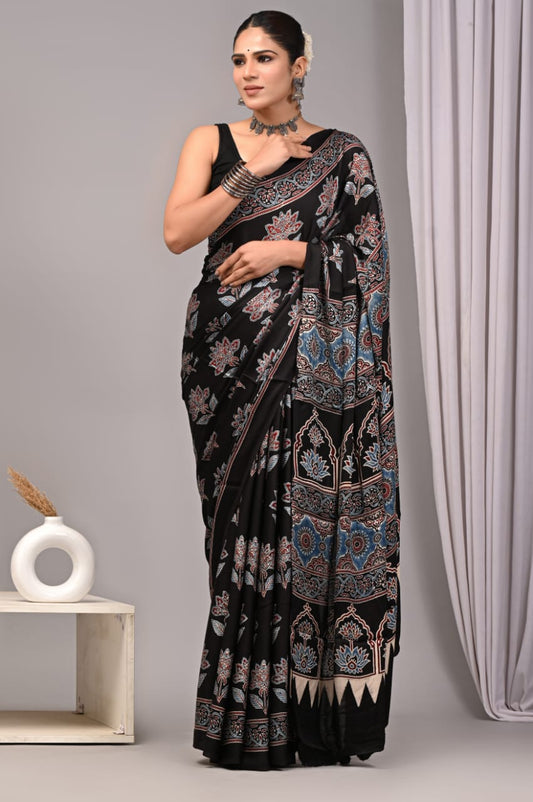 HAND BLOCK PRINTED AJRAKH MODAL SILK SAREE (CIG47)