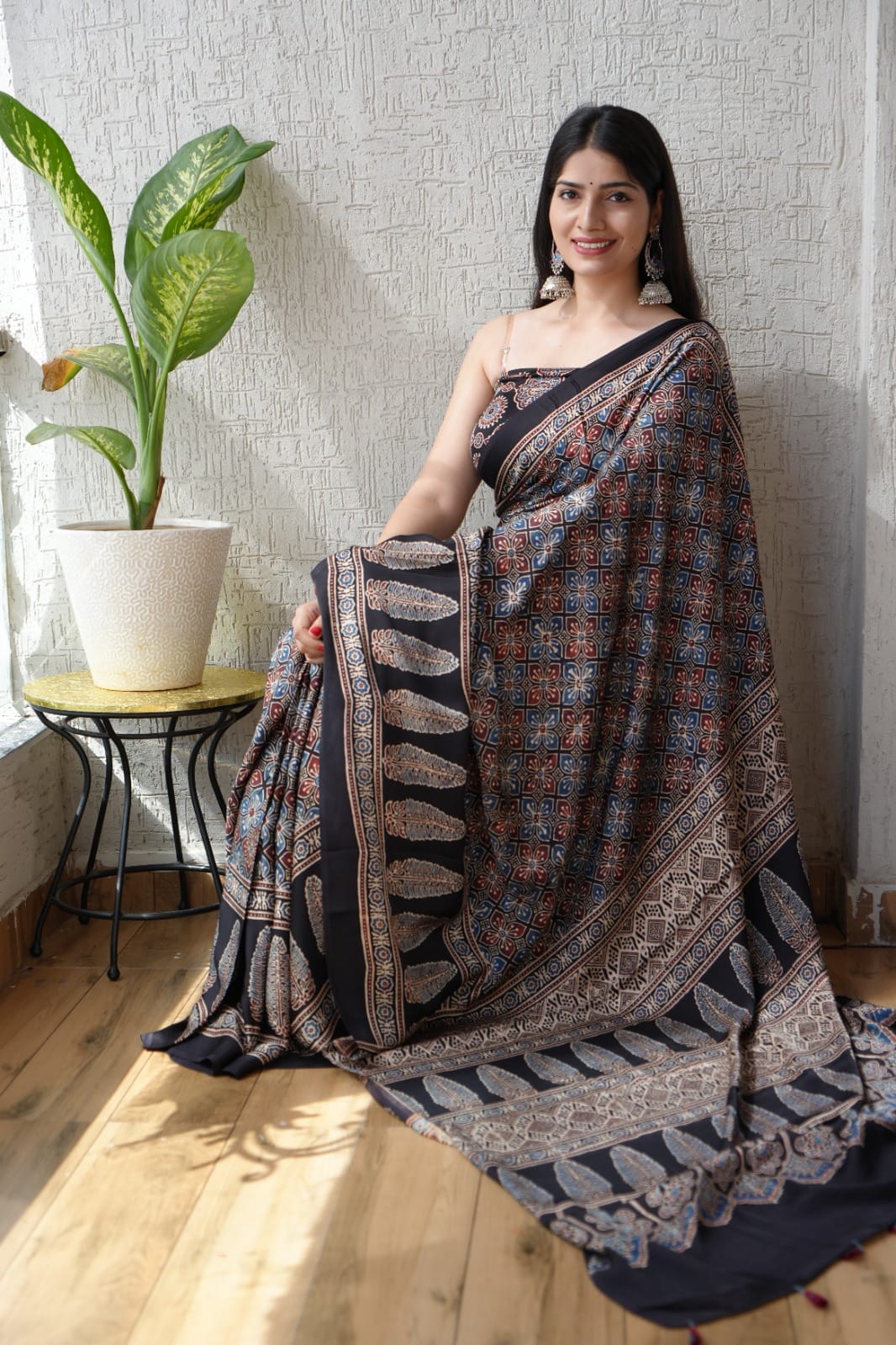 HAND BLOCK PRINTED AJRAKH MODAL SILK SAREE (CIG45)