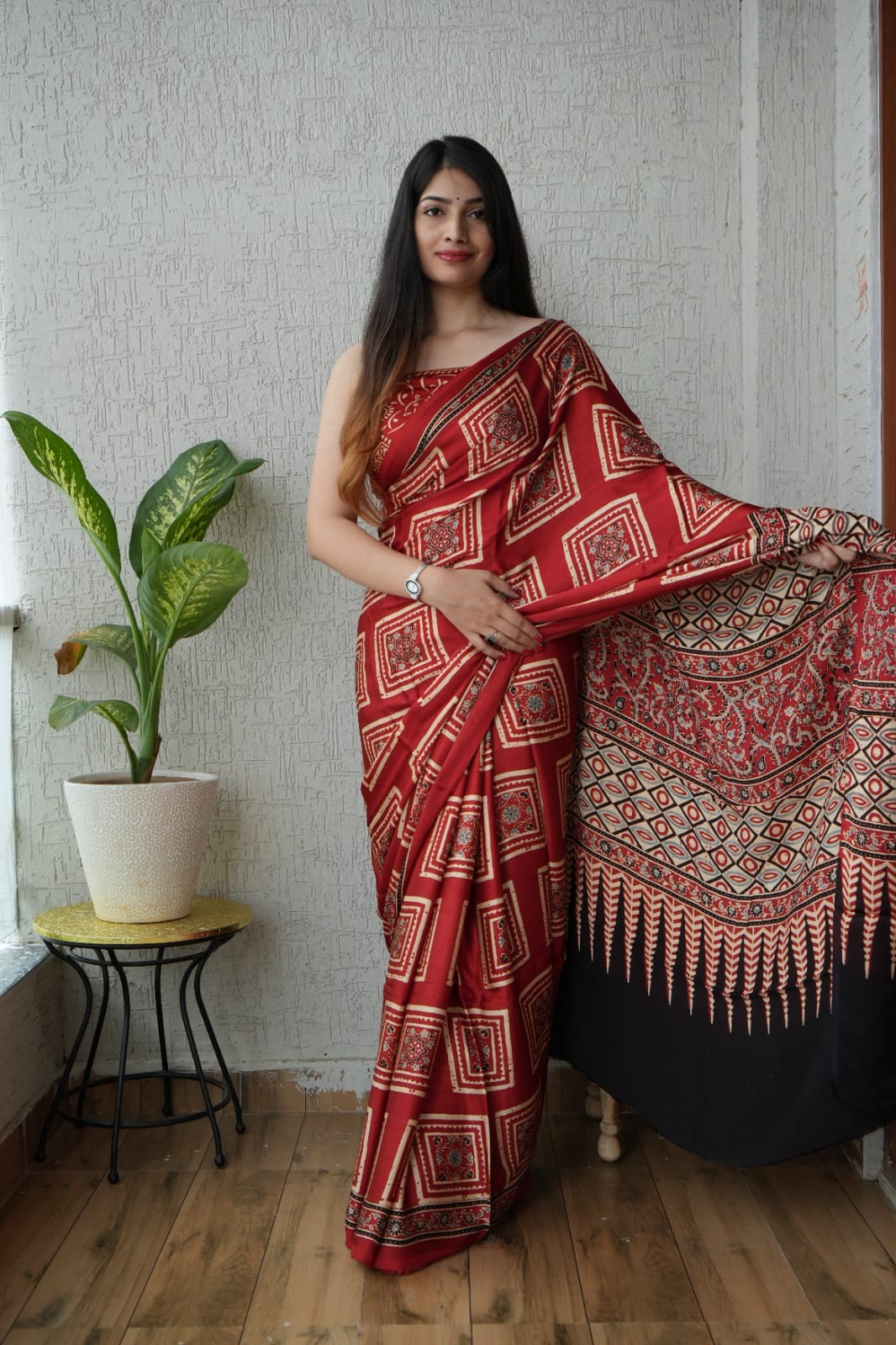 HAND BLOCK PRINTED AJRAKH MODAL SILK SAREE (CIG46)