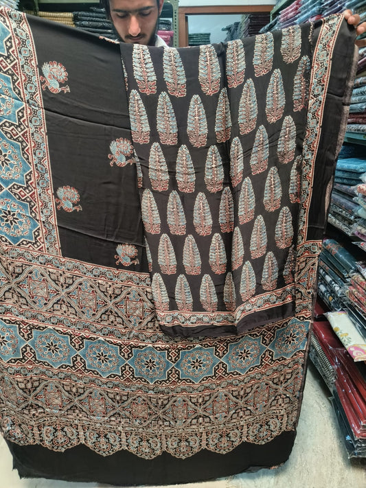 HAND BLOCK PRINTED AJRAKH MODAL SILK SAREE (CIG48)