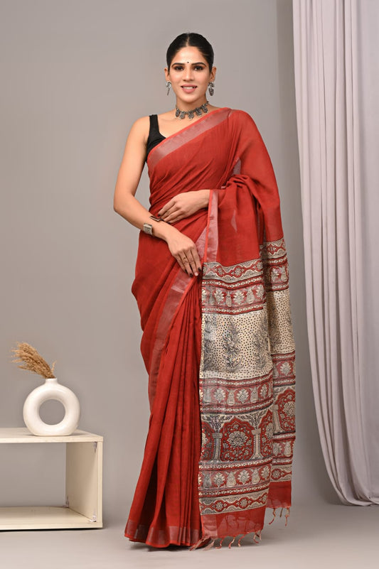 HAND BLOCK BLACK & WHITE PRINTED COTTON LINEN SAREE WITH BLOUSE  (LCS68)