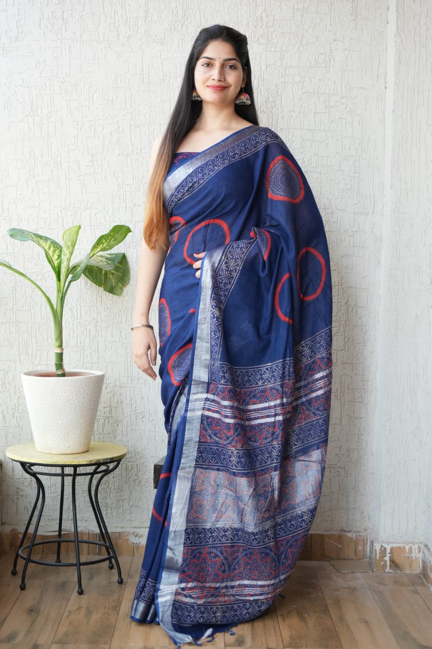 HAND BLOCK BLACK & WHITE PRINTED COTTON LINEN SAREE WITH BLOUSE  (LCS110)