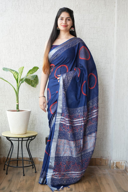 HAND BLOCK BLACK & WHITE PRINTED COTTON LINEN SAREE WITH BLOUSE  (LCS110)