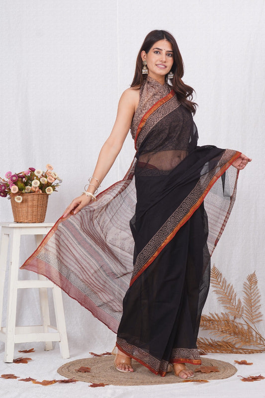 Bagru Hand Block Printed Chanderi Silk Saree with Blouse (CSS96)