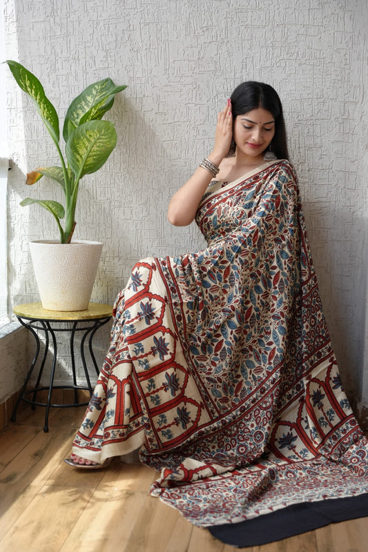 HAND BLOCK PRINTED AJRAKH MODAL SILK SAREE (CIG49)