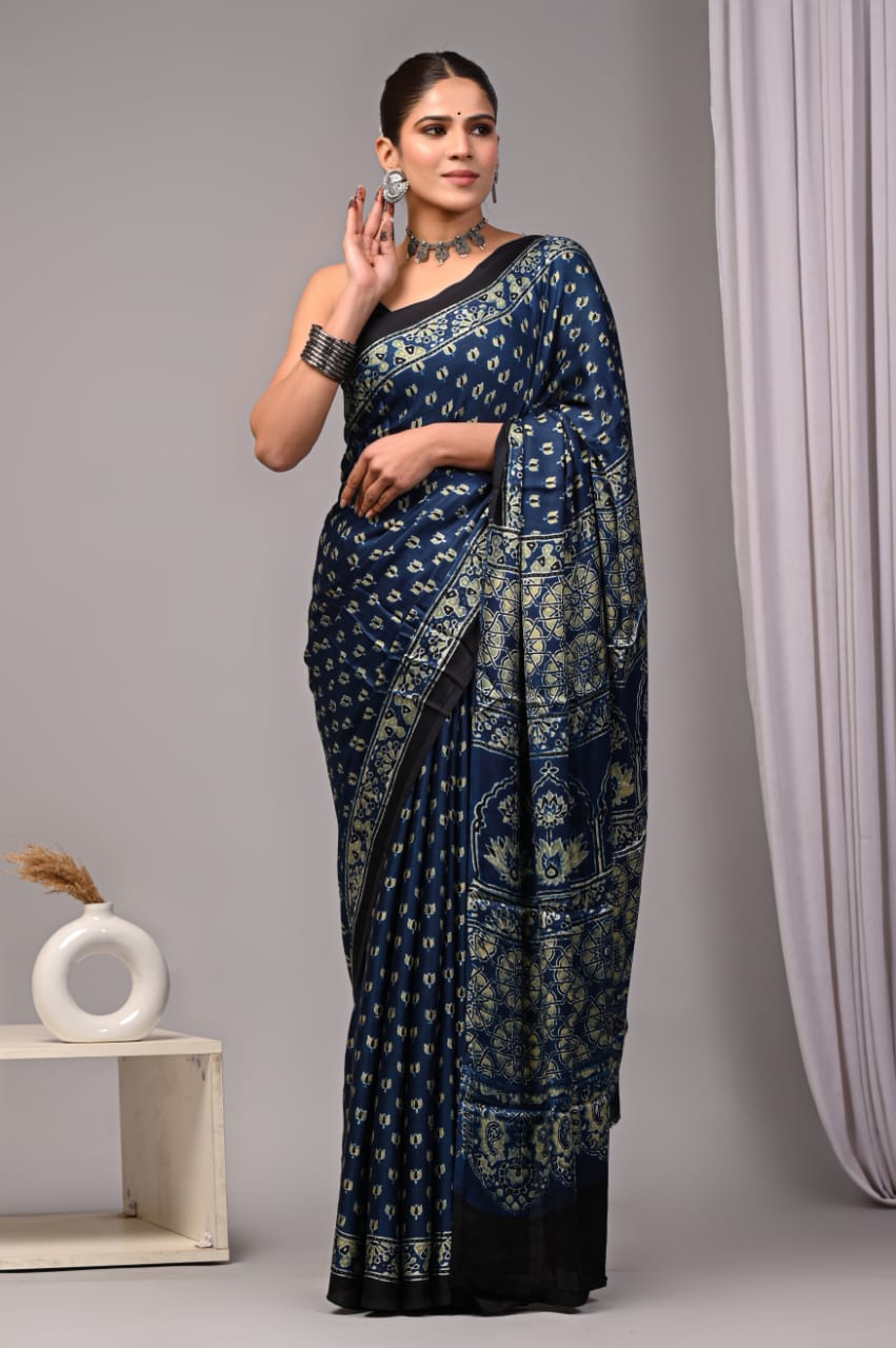 HAND BLOCK PRINTED AJRAKH MODAL SILK SAREE (CIG50)