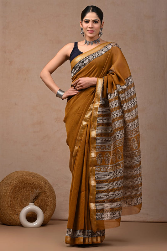 Jaipuri Hand Block Bagru Printed Maheshwari Silk Saree With Blouse (MSS126)