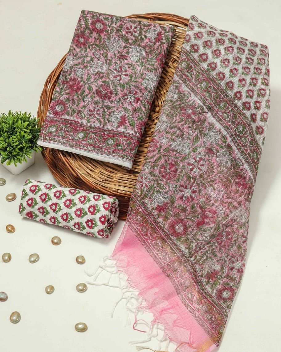 HAND BLOCK PRINTED KOTA DORIYA SUIT WITH KOTA DORIYA DUPPATA (FKS64)