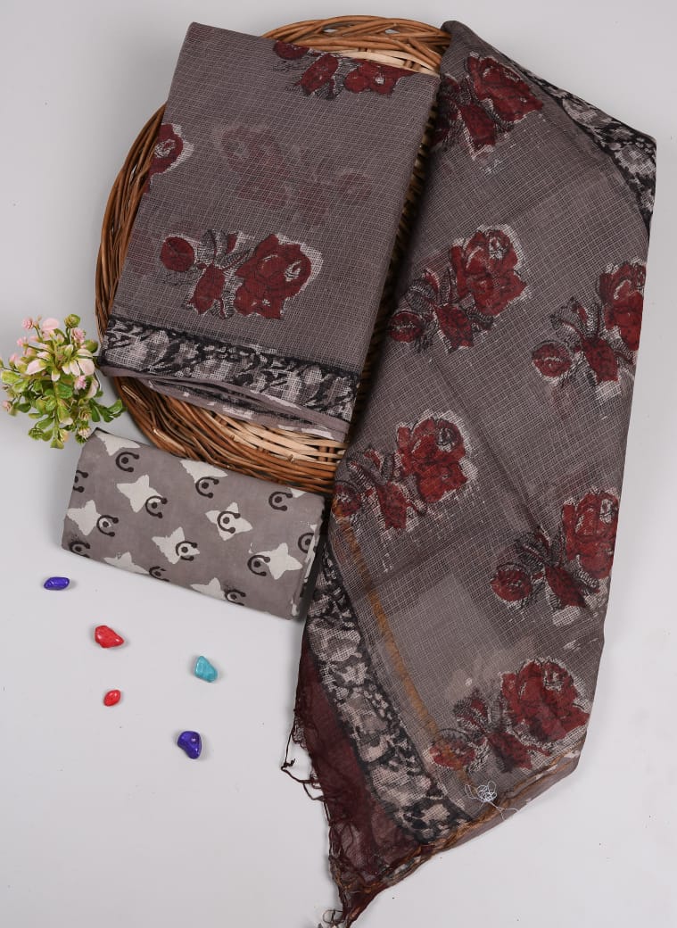 HAND BLOCK PRINTED KOTA DORIYA SUIT WITH KOTA DORIYA DUPPATA (FKS69)