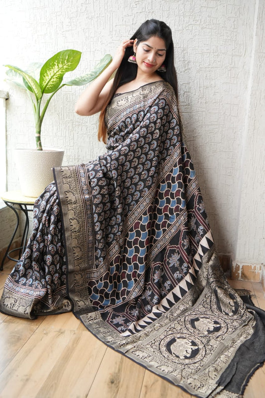 AJRAKH PRINTED PURE DOLA SILK SAREE WITH BLOUSE (MS21)