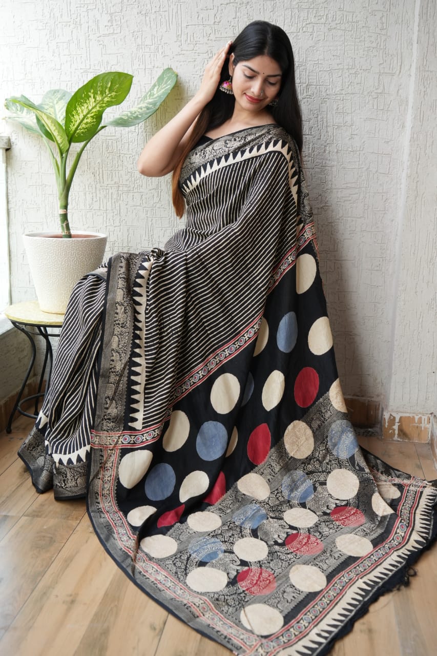 AJRAKH PRINTED PURE DOLA SILK SAREE WITH BLOUSE (MS30)