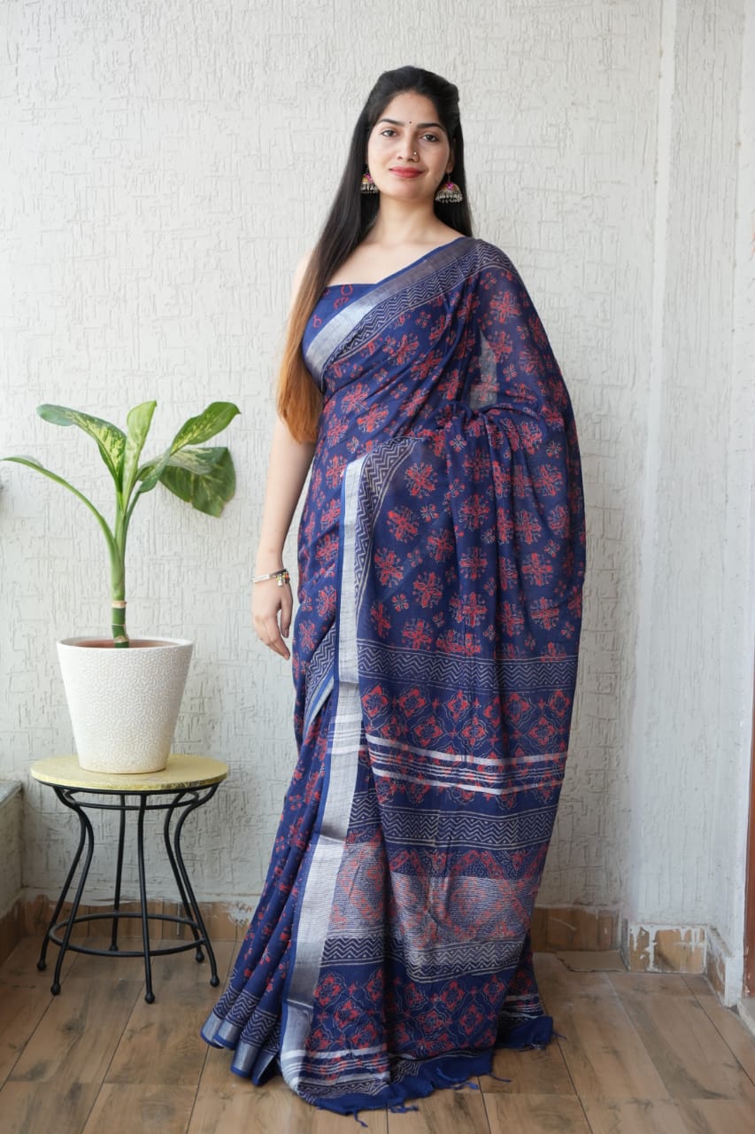 HAND BLOCK BLACK & WHITE PRINTED COTTON LINEN SAREE WITH BLOUSE  (LCS61)